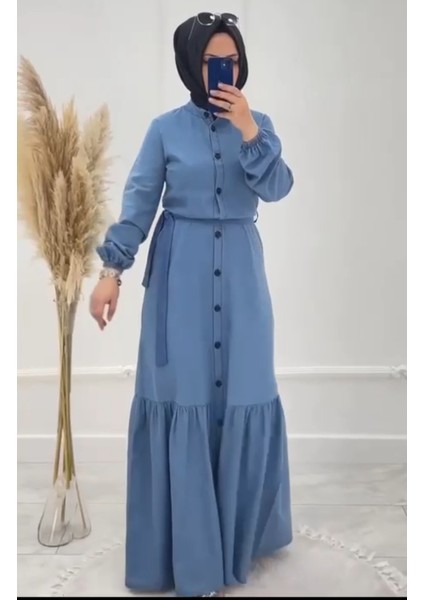 Kadın Tesettüre Uygun Pamuklu Ince Denim Kot Kumaş Boydan Düğmeli Kuşaklı Jeans Elbise