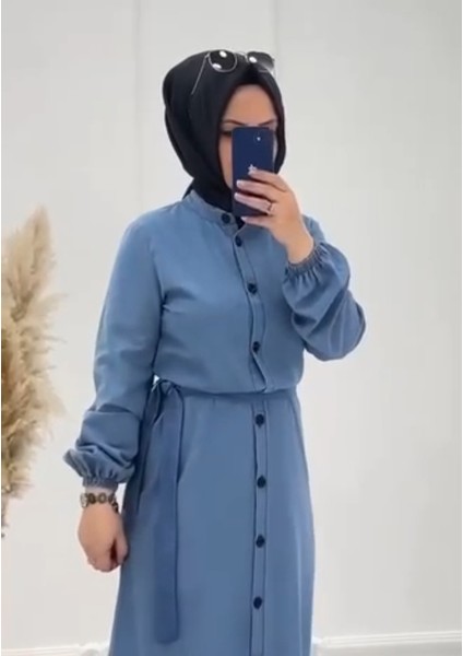 Kadın Tesettüre Uygun Pamuklu Ince Denim Kot Kumaş Boydan Düğmeli Kuşaklı Jeans Elbise