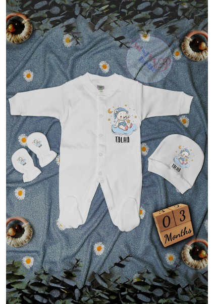 Mavi Bulut Desenli Isme Özel 3 Lü Erkek Çocuk Tulum Set