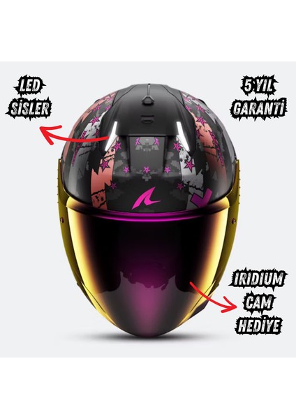 Skwal I3 Hellcat Fuşya Ledli Güvenli Açık Kask (Dar Kalıp)