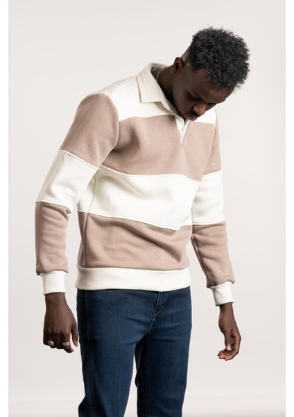 Fbı Polo Yaka Kalın Çizgili 3 Iplik Içi Şardonlu Slimfit Sweatshirt