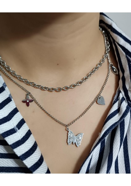 1.sınıf Kararma Yapmaz Kelebek ve Kalp Figürlü Silver Kolye