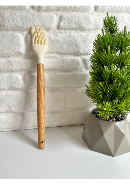 Yeninesilevim 7'li Bambu Ahşap Saplı Silikon Servis Seti Kepçe Kaşık Spatula Kevgir Makarna Süzgeci Çırpıcı Fırça
