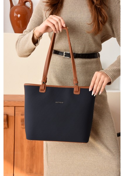 Kadın Büyük Boy Suya Dayanıklı Lacivert Taba Lakoste Kumaş 4 Gözlü El ve Omuz Çantası PBU2170