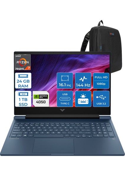 Victus 16-S0022NT Ryzen 7 7840HS 24GB Ddr5 1tb SSD 6GB/RTX4050/120W 16.1" 144Hz IPS Fhd Windows 11 Home Taşınabilir Bilgisayar HP7Z588EAH05 + Zettaçanta