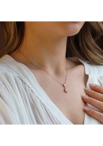 Ay Taşlı Rose Gold Kaplama Doğal Taş Gümüş Kolye