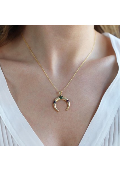 Hilal Modeli Renkli Zirkon Taşlı Gold Kaplama Gümüş Kolye fiyatları
