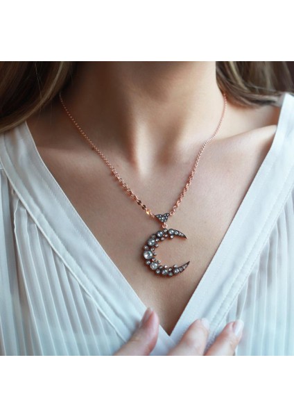 Elmas Montür Hilal Rose Gold Kaplama Gümüş Kolye
