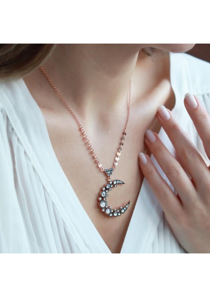 Elmas Montür Hilal Rose Gold Kaplama Gümüş Kolye modelleri