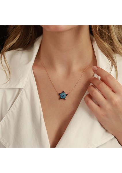 Mavi Siyah Yıldız Figürlü Zirkon Taşlı Rose Gold Kaplama Gümüş Kolye