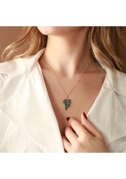 Yaprak Model Zirkon Taşlı Rose Gold Kaplama Gümüş Kolye