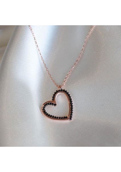 Kalp Siyah Zirkon Taşlı Rose Gold Kaplama Gümüş Kolye fiyatları
