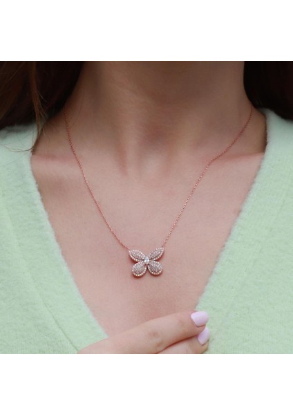 Kelebek Model Beyaz Zirkon Taşlı Rose Gold Kaplama Gümüş Kolye
