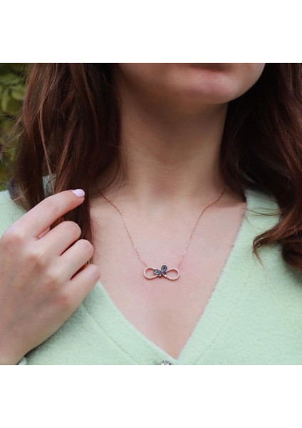 Renkli Zirkon Taşlı Kelebek Detaylı Sonsuzluk Rose Gold Kaplama Gümüş Kolye