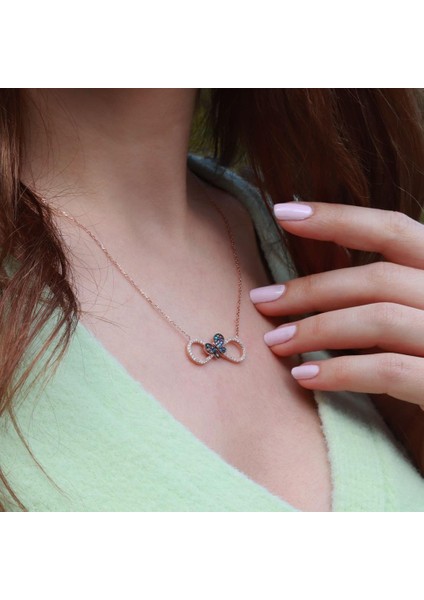 Renkli Zirkon Taşlı Kelebek Detaylı Sonsuzluk Rose Gold Kaplama Gümüş Kolye fiyatları