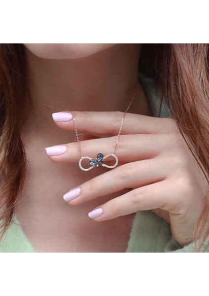 Renkli Zirkon Taşlı Kelebek Detaylı Sonsuzluk Rose Gold Kaplama Gümüş Kolye modelleri