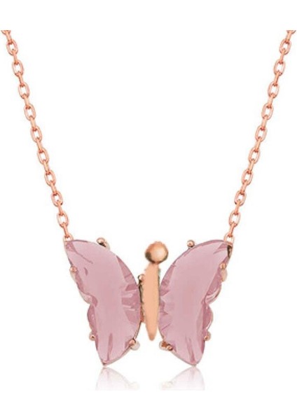 Pembe Kelebek Model Rose Gold Kaplama Zirkon Taşlı Gümüş Kolye