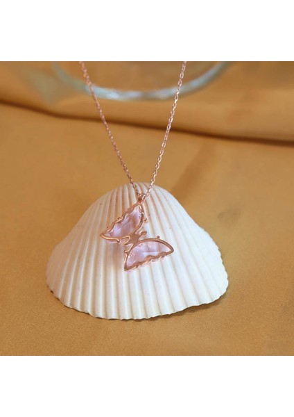 Pembe Kelebek Model Rose Gold Kaplama Zirkon Taşlı Gümüş Kolye fiyatları