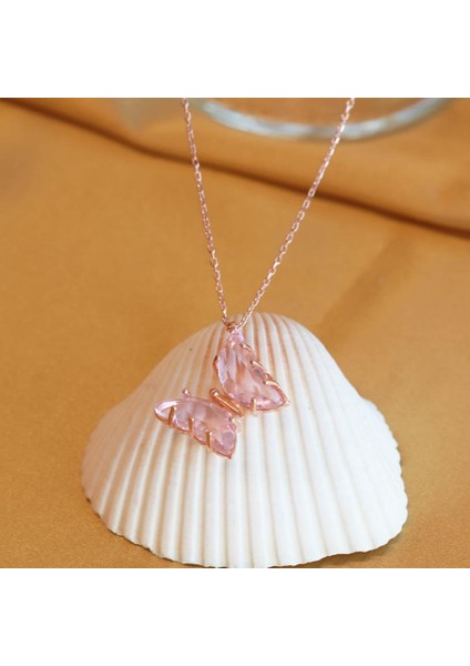 Pembe Kelebek Model Rose Gold Kaplama Zirkon Taşlı Gümüş Kolye modelleri