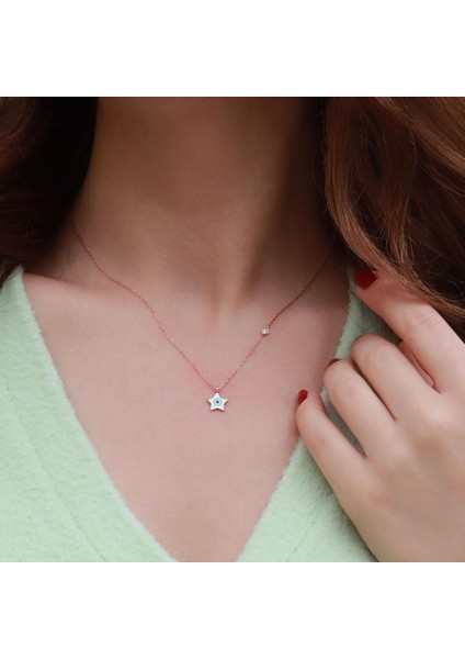 Yıldız Figürlü Zirkon Taşlı Mine Işli Rose Gold Kaplama Gümüş Kolye