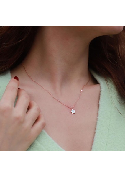 Yıldız Figürlü Zirkon Taşlı Mine Işli Rose Gold Kaplama Gümüş Kolye fiyatları