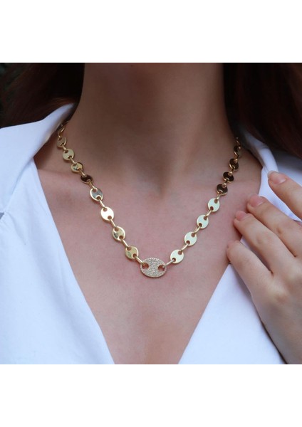 Düğme Modeli Zirkon Taşlı Gold Kaplama Gümüş Zincir Kolye
