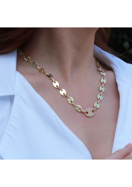 Düğme Modeli Zirkon Taşlı Gold Kaplama Gümüş Zincir Kolye fiyatları