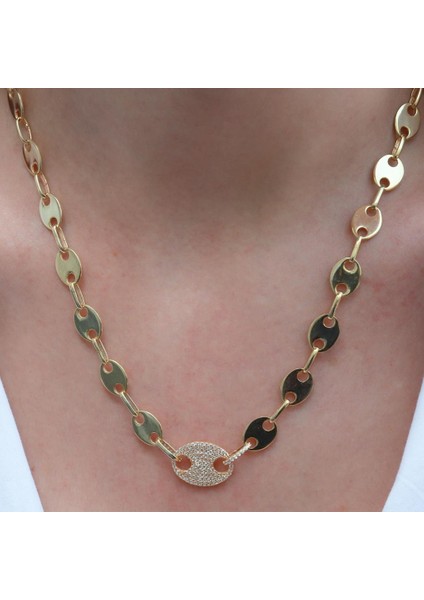 Düğme Modeli Zirkon Taşlı Gold Kaplama Gümüş Zincir Kolye modelleri