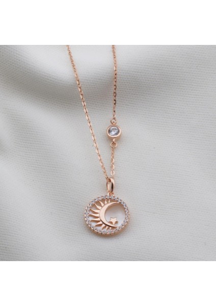 Sedef Taşlı Ay Yıldız Figürlü Rose Gold Kaplama Gümüş Kolye modelleri