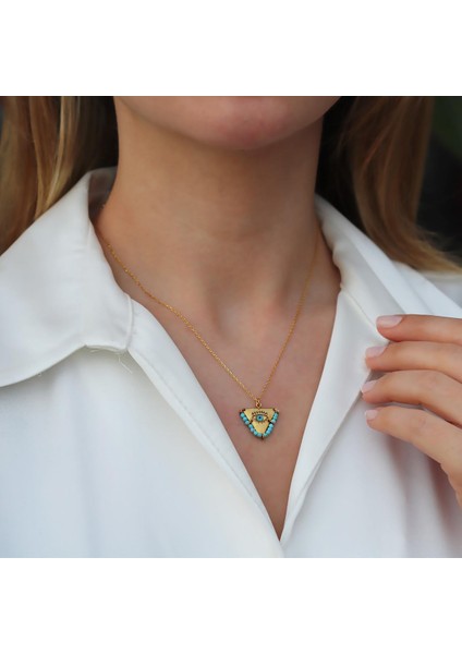 Turkuaz Taşlı Gold Kaplama Tılsım Kolye