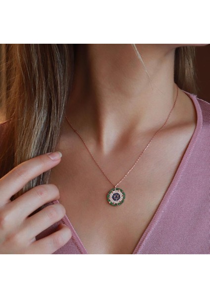 Renkli Zirkon Taşlı Yıldız Rose Gold Kaplama Gümüş Kolye