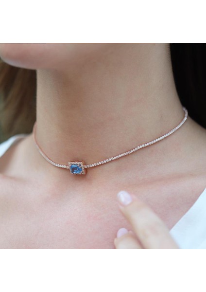 Aquamarin Taşlı Rose Gold Kaplama Choker Gümüş Kolye fırsatları