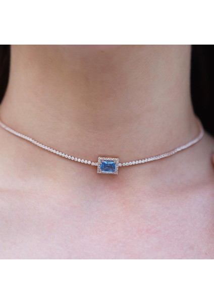 Aquamarin Taşlı Rose Gold Kaplama Choker Gümüş Kolye indirimleri