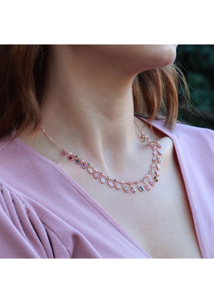 Renkli Zirkon Taşlı Rose Gold Kaplama Trend Gümüş Kolye