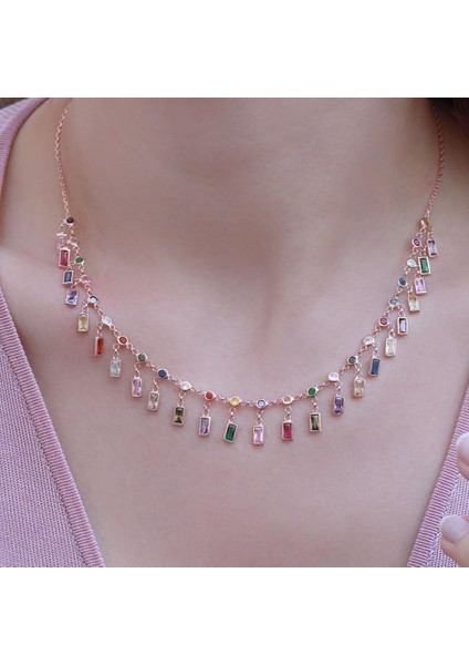 Renkli Zirkon Taşlı Rose Gold Kaplama Trend Gümüş Kolye fiyatları