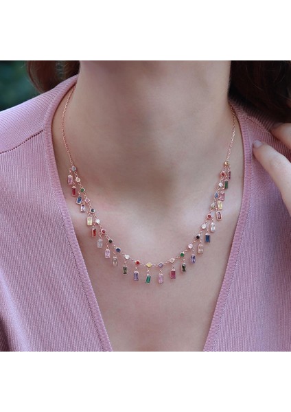 Renkli Zirkon Taşlı Rose Gold Kaplama Trend Gümüş Kolye modelleri