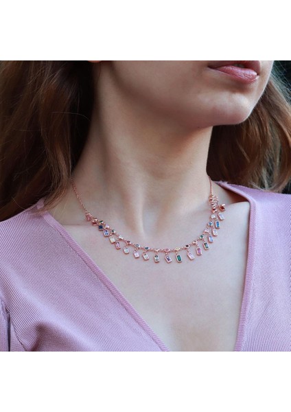 Renkli Zirkon Taşlı Rose Gold Kaplama Trend Gümüş Kolye fırsatları