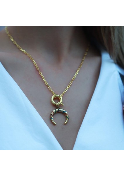 Renkli Zirkon Taşlı Hilal Modeli Önden Klipsli Gold Kaplama Zincir Gümüş Kolye modelleri