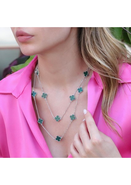 Ikonik Alhambra Modeli Yeşil Mine Işli Çift Dolamalı Gümüş Kolye fiyatları