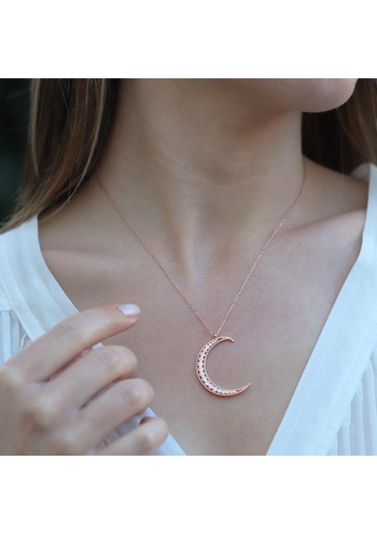 Zirkon Taşlı Rose Gold Kaplama Ay Gümüş Kolye