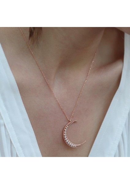 Zirkon Taşlı Rose Gold Kaplama Ay Gümüş Kolye modelleri