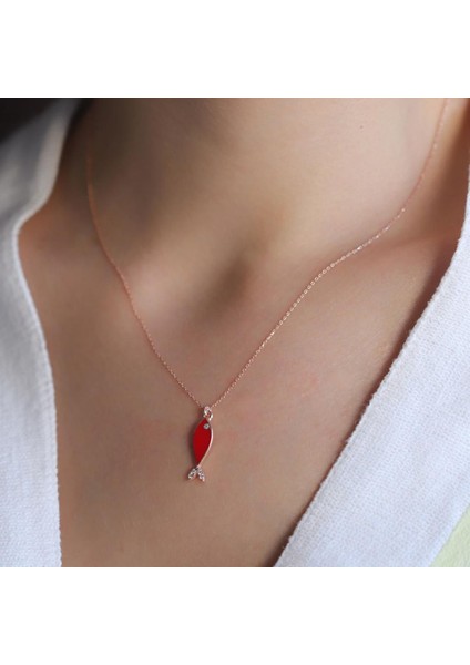 Mine Işli Zirkon Taşlı Rose Gold Kaplama 925 Ayar Gümüş Kırmızı Balık Kolye