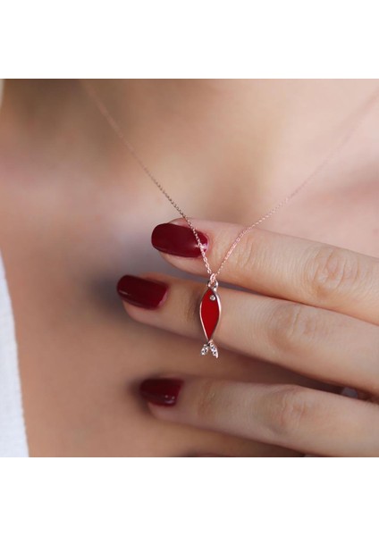 Mine Işli Zirkon Taşlı Rose Gold Kaplama 925 Ayar Gümüş Kırmızı Balık Kolye fiyatları
