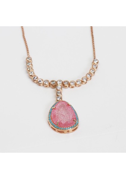 Pembe Kuvars Taşlı Asansör Zincirli Rose Gold Kaplama Gümüş Kolye modelleri
