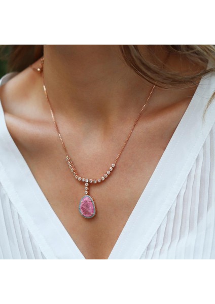 Pembe Kuvars Taşlı Asansör Zincirli Rose Gold Kaplama Gümüş Kolye indirimleri