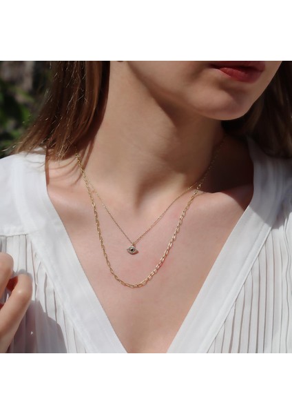 Göz Modeli 2 Zincirli Gold Kaplama Trend Gümüş Kolye
