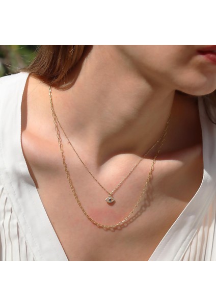 Göz Modeli 2 Zincirli Gold Kaplama Trend Gümüş Kolye fiyatları