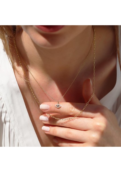 Göz Modeli 2 Zincirli Gold Kaplama Trend Gümüş Kolye modelleri