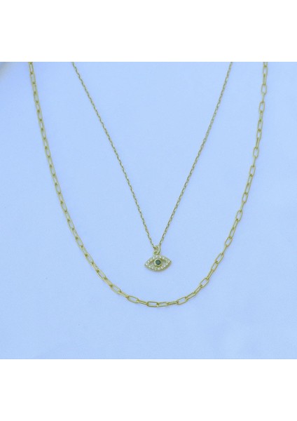 Göz Modeli 2 Zincirli Gold Kaplama Trend Gümüş Kolye fırsatları