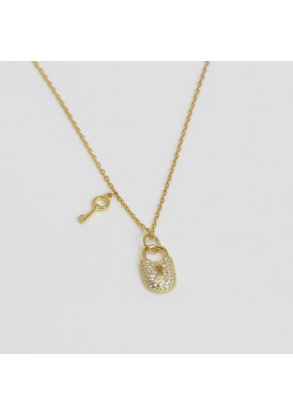 Zirkon Taşlı Anahtar Kilit Gold Kaplama Gümüş Kolye fırsatları